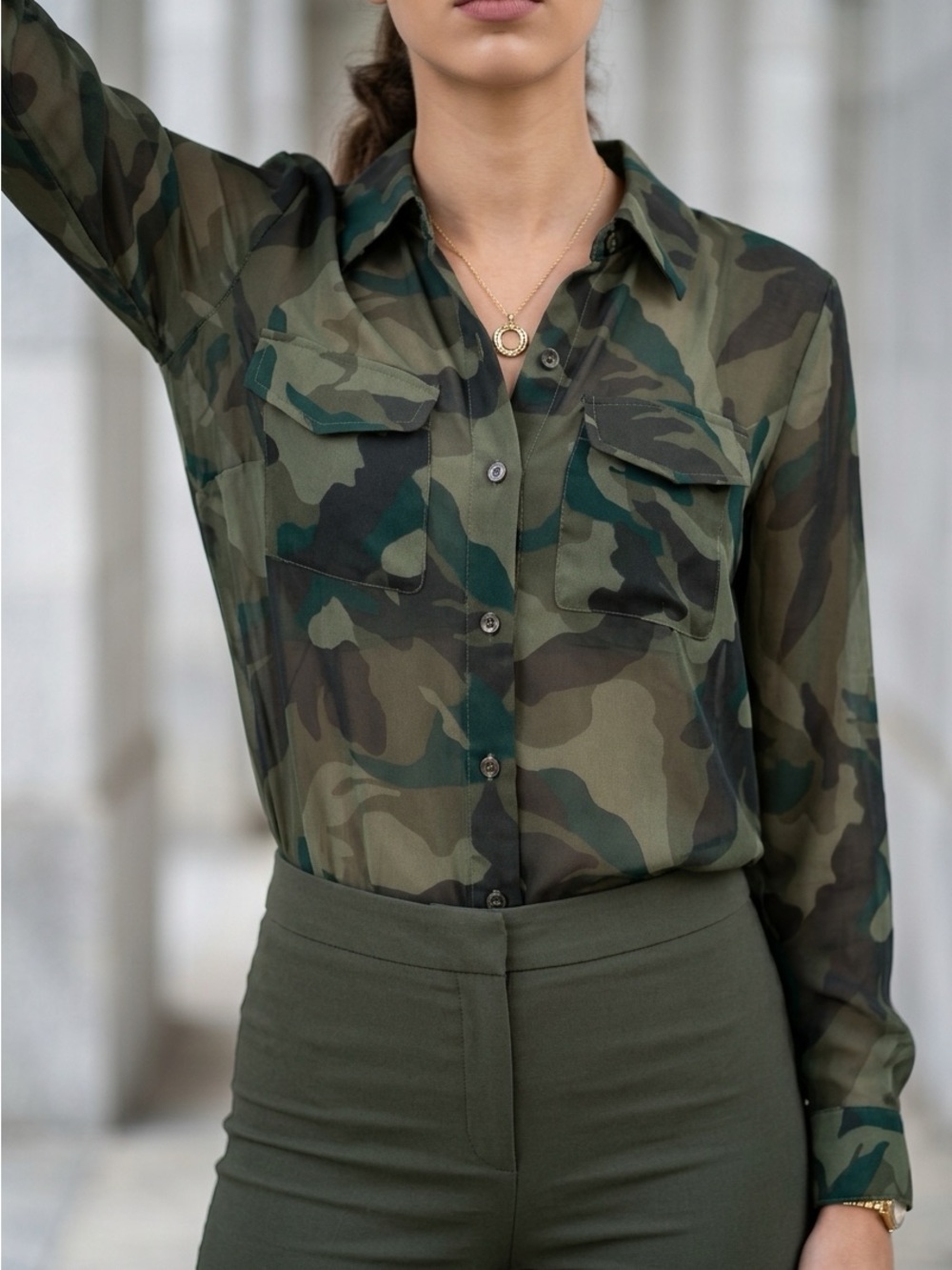 INC International Concepts Olive Sheer Green Camouflage Button-Down Shirt